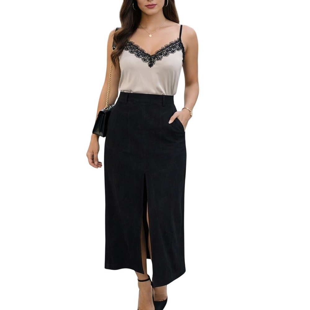 White Stag Black Faux Suede Maxi Skirt Front‎ Slit A-Line Lined Womens Size 10